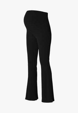 Pantalons évasés noirs en tissu côtelé, dotés d'une taille élastique et d'une coupe ajustée avec une texture lisse.