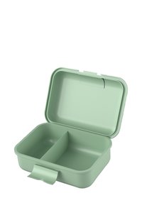 Grüner Kunststoff-Lunchbox mit einem klappbaren Deckel, der zwei Fächer und eine Seitenlasche für einfaches Öffnen bietet. Glatte Textur, rechteckige Form.