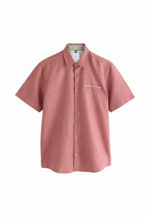 Herrenhemd mit kurzen Ärmeln und Knopfleiste in gedämpftem Rot, mit gemustertem Innenkragen und mit Knopf verschlossenem Brusttasche.