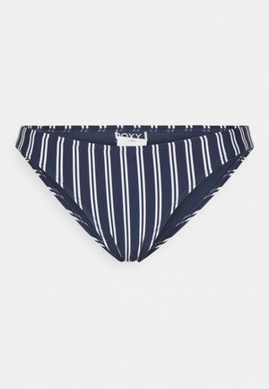 Marineblå bikini-bunn med vertikale hvite striper, laget av strekkbart stoff. Har en komfortabel midjebånd og et logomerke foran.