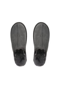 Pantofole in suede grigio con un morbido rivestimento in pelliccia grigia. Presentano una cucitura centrale e un design della punta arrotondata.