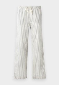 Pantalon blanc à cordon de serrage avec de fines rayures verticales bleues et une taille élastique, présenté de face sur un fond uni.