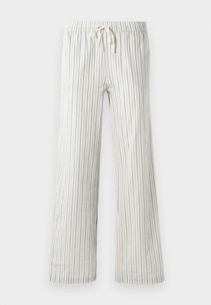 Witte joggingsbroek met dunne verticale blauwe strepen en een elastische tailleband, van voren getoond op een effen achtergrond.