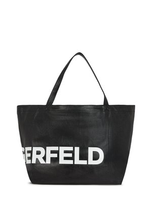 Svart tote-väska med "GERFELD" i stora vita bokstäver. Tillverkad av syntetiskt material, har en slät textur och två robusta handtag.