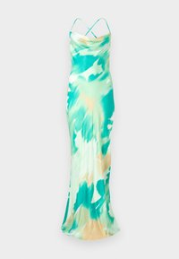 Robe sans manches, longue jusqu'au sol, avec un motif de tie-dye vert et beige. Tissu doux avec un décolleté drapé et des bretelles croisées à l'arrière.