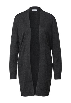 Dunkelgrauer Cardigan aus weichem Stoff, mit offenem Frontdesign, langen Ärmeln und zwei Vorderaschen. Schlicher, minimalistische Stil mit glatter Textur.