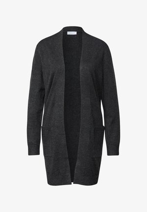 Mørkegrå cardigan lavet af blødt stof, med åben frontdesign, lange ærmer og to forlommer. Enkel, minimalistisk stil med en glat tekstur.