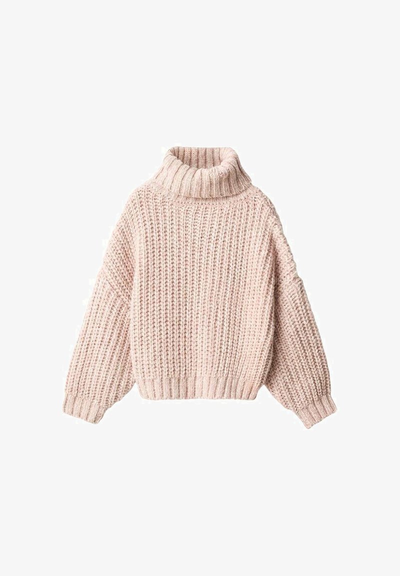 Mehakno roza pleteno pulover z visokim ovratnikom, širokimi rokavi in ribanim teksturo. Skrajšana dolžina z sproščenim krojem.
