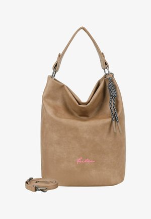 Sac à bandoulière en similicuir camel avec un design souple, une quincaillerie argentée, un logo rose et une bandoulière amovible. Surface texturée avec un accent tressé.