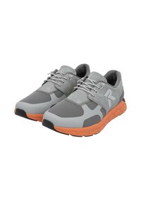 Gray athletic shoes with mesh and suede materials. Features an orange outsole and laces, with a subtle logo on the side. Textured design.