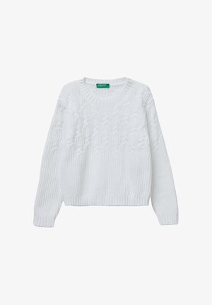Maglione bianco lavorato a maglia con un motivo a trecce testurizzato e bordi a costine. Collo rotondo classico e design corto.