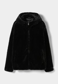 Giacca con cappuccio in pelliccia sintetica nera, con zip frontale, due tasche laterali e texture morbida. Presenta un cappuccio arrotondato e una vestibilità rilassata.