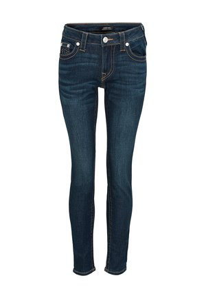Jean en denim bleu foncé coupe slim. Comprend une fermeture éclair, cinq poches et des surpiqûres dorées contrastantes le long des coutures. Ourlets droits.