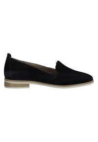Mocassin plat en daim noir avec un petit talon en bois empilé et un design sans lacets, montré de l’intérieur sur fond blanc.