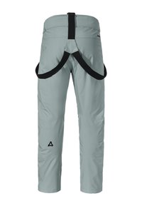 Hellgraue wasserdichte Outdoor-Hosen mit schwarzen verstellbaren Trägern, von hinten auf einem weißen Hintergrund gezeigt.