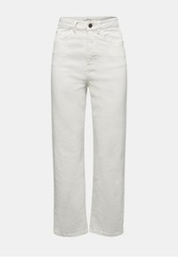 Jean en denim blanc avec une taille haute, des jambes larges, un design à cinq poches et une fermeture à boutons. Couture simple et finition nette.