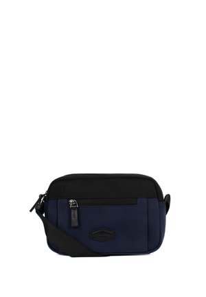 Compatta borsa a tracolla blu navy e nera con tasca frontale con zip, tracolla regolabile e piccolo logo centrale anteriore.