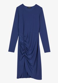 Mörkblå långärmad klänning i mjukt tyg, med en samlad sidodetalj och asymmetrisk fåll för en luftig drape.