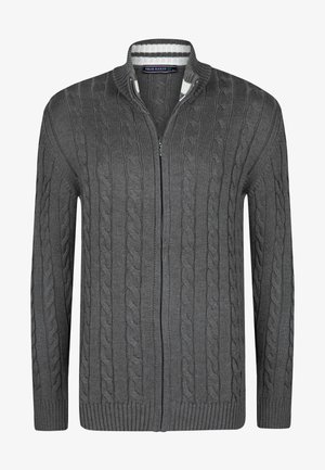 Gilet zippé gris en tricot avec un motif en côtes, des poignets et un ourlet côtelés, doté d'un col intérieur rayé.