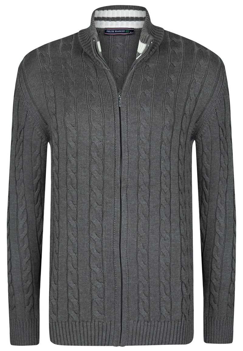 Hall knitted zip-up cardigan hall, millepealne muster, soonikkoesed ja allserv, millel on triibuline sisekrae.