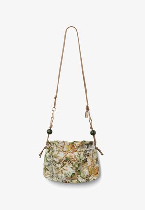 Sac bandoulière avec sangle en cordon réglable couleur fauve, fermeture coulissante en haut, et corps en tissu avec motif de feuilles et plantes tropicales vertes et marron.