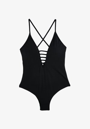 Zwarte een-piece badpak met een diepe V-hals, voorzien van kruislings gespen en een gladde, rekbare stof. Minimalistisch ontwerp.