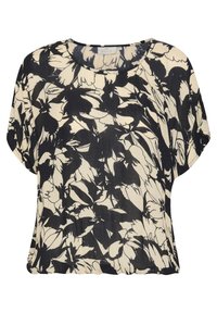 Zwarte en crèmekleurige bloempatronen blouse met een ronde halslijn, korte mouwen en een relaxte pasvorm met een textuurdesign.
