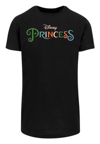 Juodas medvilnės marškinėliai su užrašu "Disney Princesė" daugiarasčiais, stilizuotais šriftais. Trumpomis rankovėmis, klasikinio kirpimo, su apvaliomis iškirpėmis.