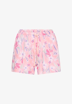 Rosa Shorts mit elastischem Bund und Kordelzug, mit einem Blumenmuster in Weiß-, Lila- und Grüntönen.