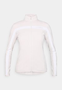 Lyserød zip-up jakke lavet af et glat, strækbart materiale. Har hvide vandrette striber på brystet og ærmerne, høj krave og tætsiddende pasform.