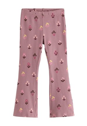 Lyserøde ribstrikkede bukser med små multicolore blomsterprint og en flared ben-design.