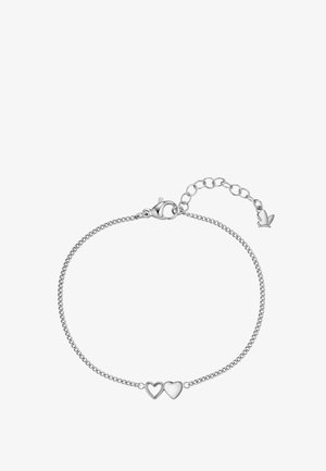 Silbernes Kettenarmband mit zwei Herzanhängern, einem soliden und einem umrandeten, mit Karabinerverschluss und verstellbarer Kette mit kleinem Schleifenanhänger.