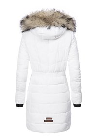 White padded coat with a faux fur-lined hood, elasticated waist, long sleeves with black cuffs, and textured quilted pattern.