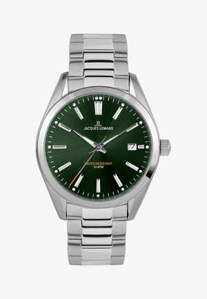 Silberner Edelstahlarmband mit einem grünen strukturierten Zifferblatt, silbernen Stundenmarkierungen, Datumsanzeige und orangefarbener wasserdichter Schrift. 10 ATM geprüft.