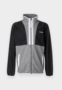 Fleecejacka i svart och grått, med hög krage, framdragkedja och vita detaljer. Har två sidfickor med dragkedja.