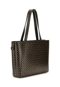 Borsa tote nera con finitura lucida, caratterizzata da un motivo marrone di logo. Due manici lunghi per il trasporto, forma rettangolare.