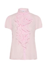 Pink blouse made of lightweight fabric, featuring a frilled center panel, short sleeves, and a high, ruffled collar with button closure.