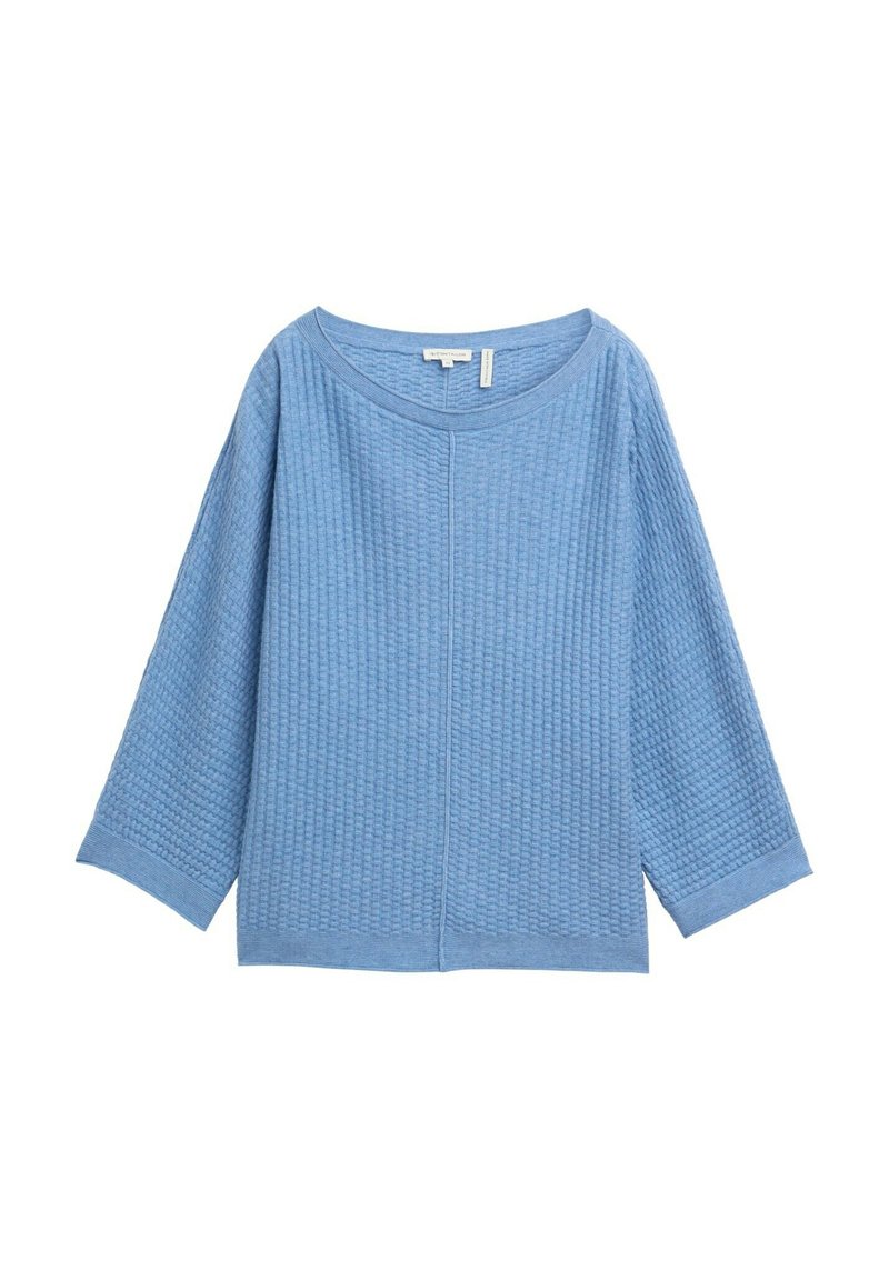 Jasnoniebieska, teksturowana bluzka z dzianiny z szerokim dekoltem i rękawami do łokcia. Charakteryzuje się luźnym krojem i detalem na środku szwu.