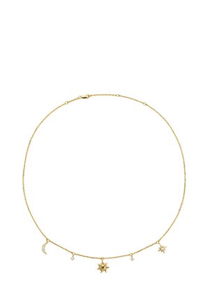 Delicate gold chain necklace with five charms: crescent moon, two small stars, sun, and an eight-pointed star with a central gem.