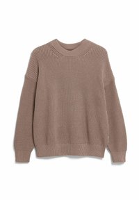 Gestrickter Pullover in Taupe mit Rundhalsausschnitt, überschnittenen Schultern sowie gerippten Bündchen an Ärmeln und Saum. Strukturierter Stoff mit lockerem Schnitt.