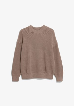 Gebreide trui in taupekleur met een ronde hals, aflopende schouders en geribbelde boorden en zoom. Gestructureerde stof met een losse pasvorm.