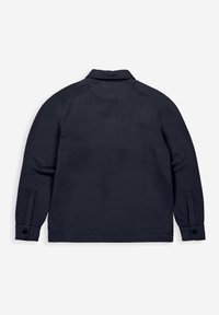 Marineblauwe jas met een kraag, lange mouwen en knoopmanchetten. Heeft een gladde, gestructureerde stof en een minimalistisch ontwerp.