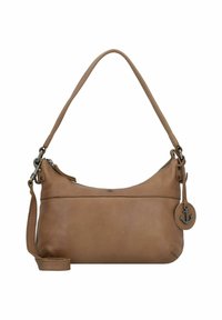 Borsa a tracolla in pelle di colore marrone chiaro, con una forma curvata, tracolla regolabile e un charm circolare con design di un'ancora.