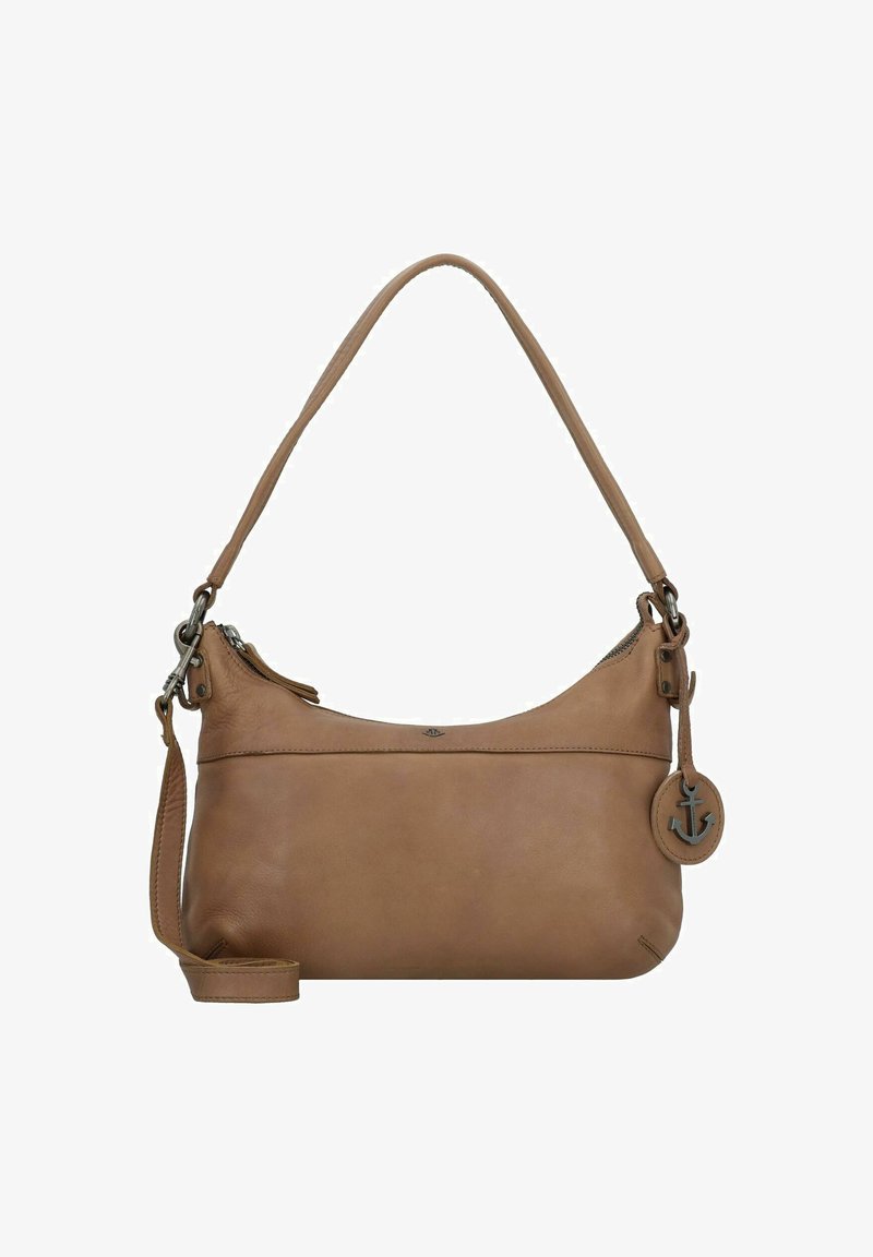 Borsa a tracolla in pelle di colore marrone chiaro, con una forma curvata, tracolla regolabile e un charm circolare con design di un'ancora.