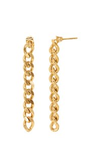 Gold chain earrings featuring elongated links, a polished finish, and post-back closure, showcasing a sleek, contemporary design.