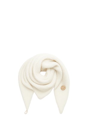 Soft white triangular fleece scarf with a wooden button near one pointed end, displayed folded on a white background.