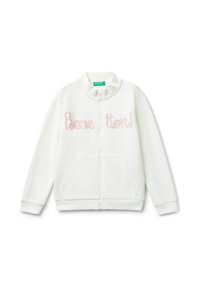 Białe bluza z zamkiem błyskawicznym, wykończona ściągaczami przy rękawach i obroży. Z przodu znajduje się różowy haftowany napis "Benetton!" oraz dwie boczne kieszenie. Miękki, teksturowany materiał.