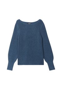 Pull en tricot bleu avec un large col et de longues manches légèrement bouffantes. Fini texturé avec des détails côtelés et une coupe décontractée.