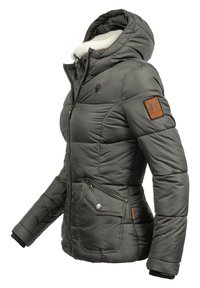 Padded jacket in dark gray with a hood. Features a faux fur lining, textured fabric, side pockets, and a branded leather patch on the sleeve.