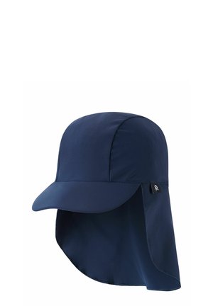 Granatowy kapelusz przeciwsłoneczny z zakrzywionym rondem i długą klapą na kark dla przedłużonej ochrony przed słońcem.